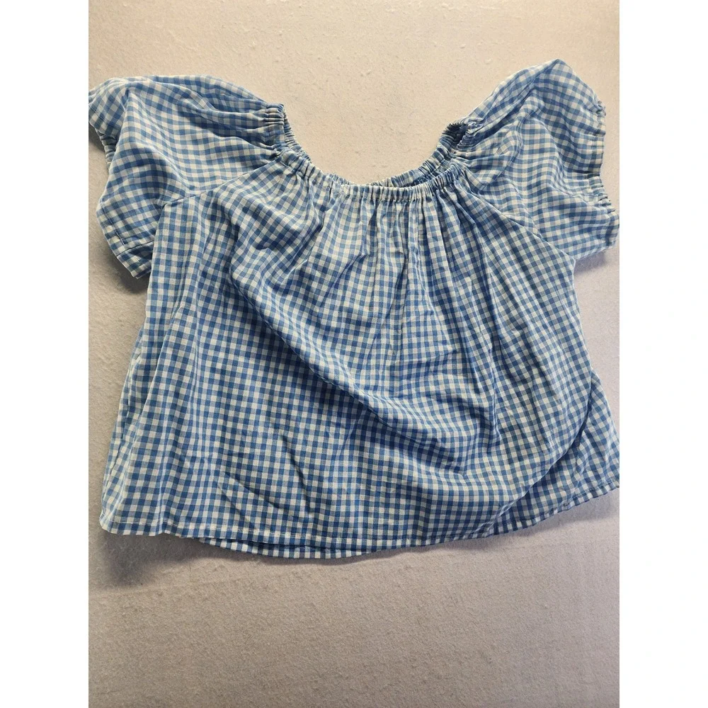 Blue Gingham 2x Vintage Two Piece Set Off‎ Shoulder Top and Ruffle Midi Skirt